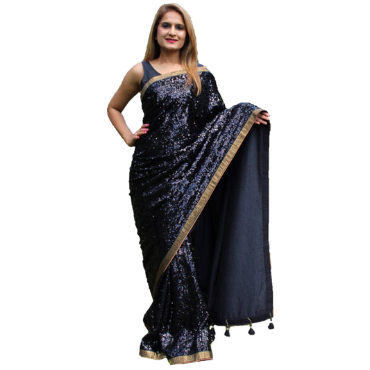 Maharani's Party Wear Georgette Sequins Saree - Black with Golden Border (with Stitched Blouse and Petticoat)