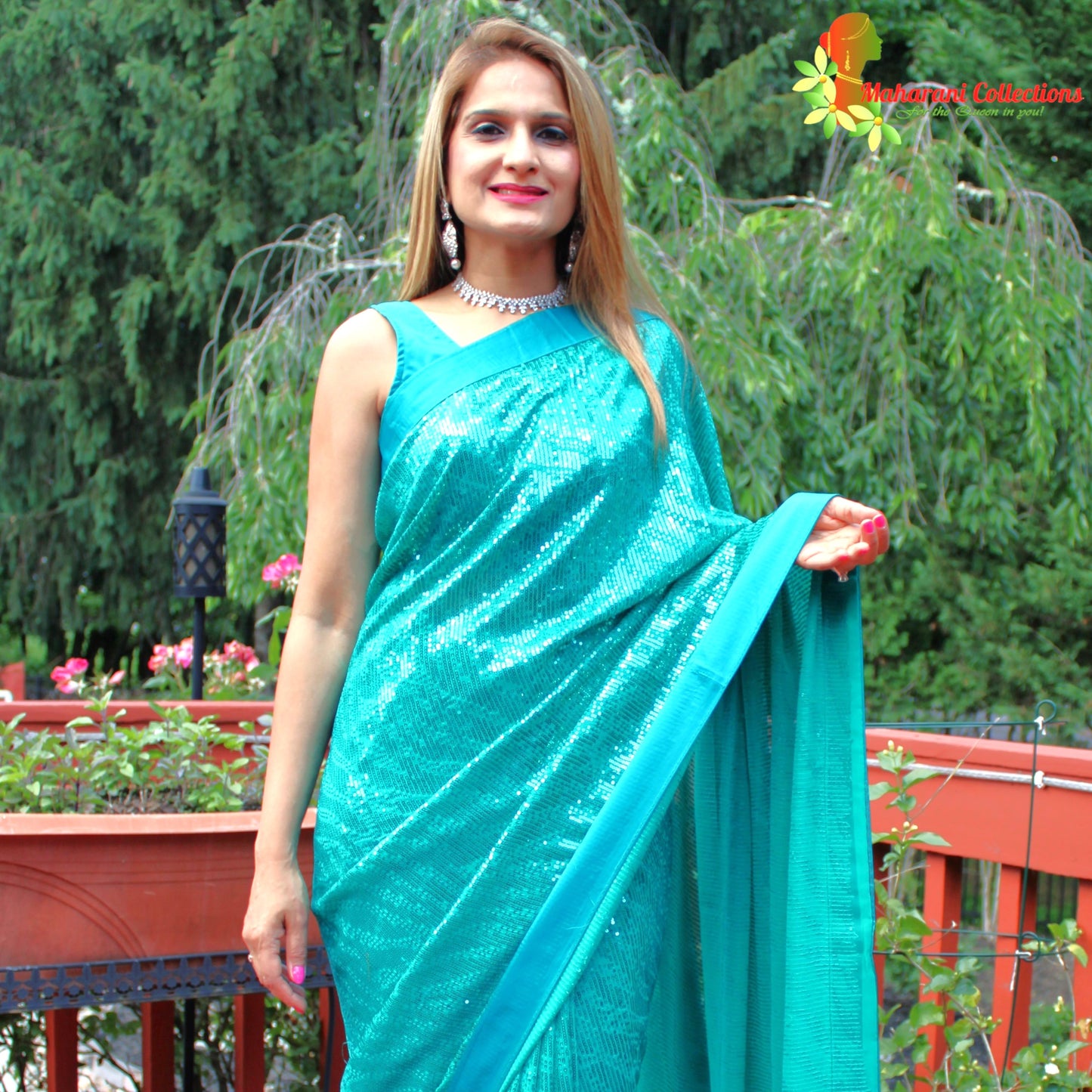 Maharani's Party Wear Georgette Sequins Saree - Sea Green (with Stitched Blouse and Petticoat)