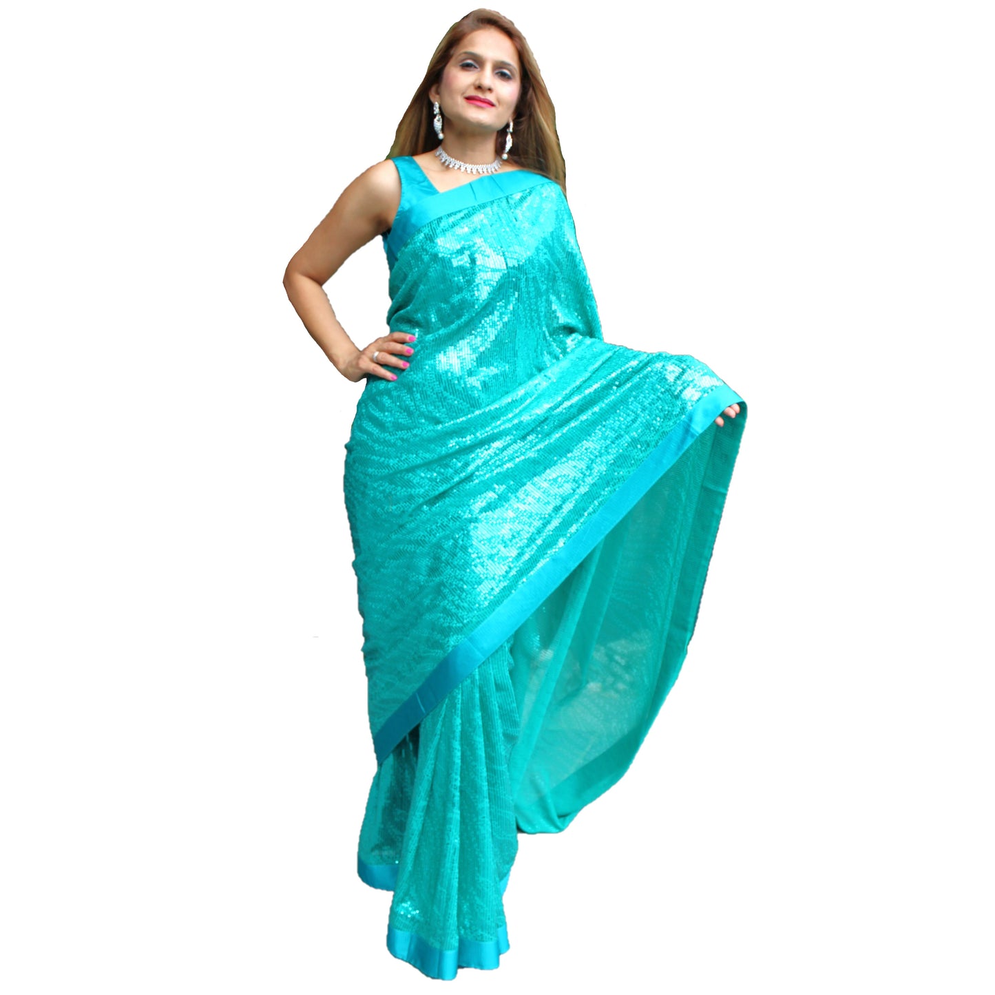 Maharani's Party Wear Georgette Sequins Saree - Sea Green (with Stitched Blouse and Petticoat)