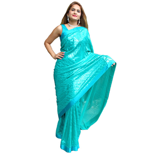 Maharani's Party Wear Georgette Sequins Saree - Sea Green (with Stitched Blouse and Petticoat)