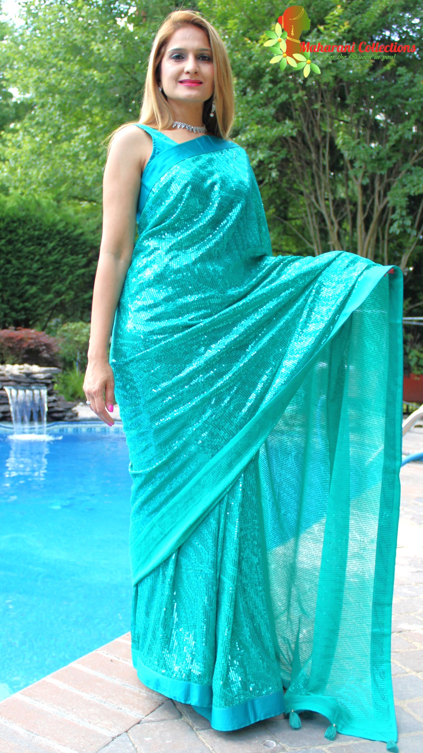 Maharani's Party Wear Georgette Sequins Saree - Sea Green (with Stitched Blouse and Petticoat)