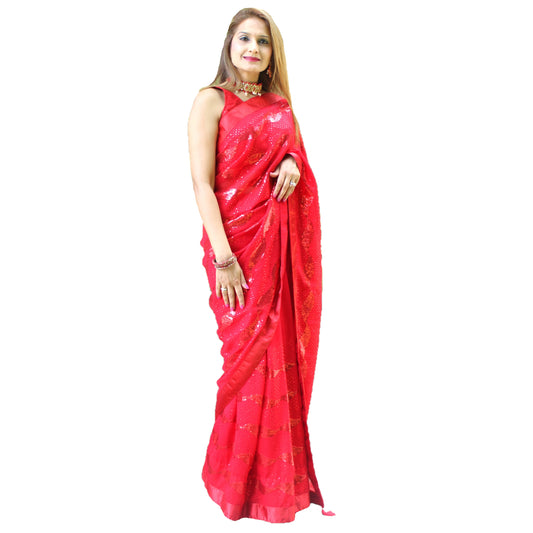 Maharani's Party Wear Georgette Sequins Saree - Bridal Red (with Stitched Blouse and Petticoat)