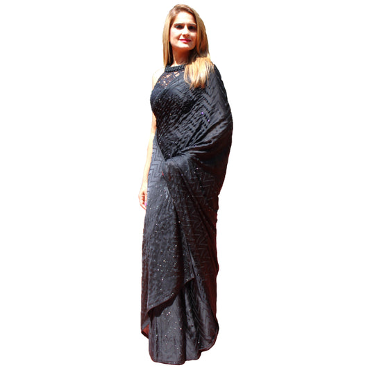 Maharani's Party Wear Silk Sequins Saree - Black (with Stitched Blouse and Petticoat)