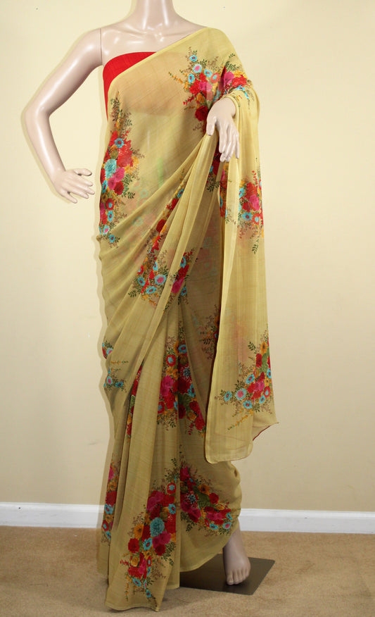 Georgette Mustard Floral Saree - Mustard