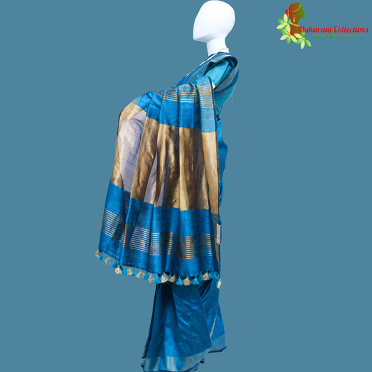 Pure Handloom Tussar Silk Saree - Indigo Blue with Golden Zari Work