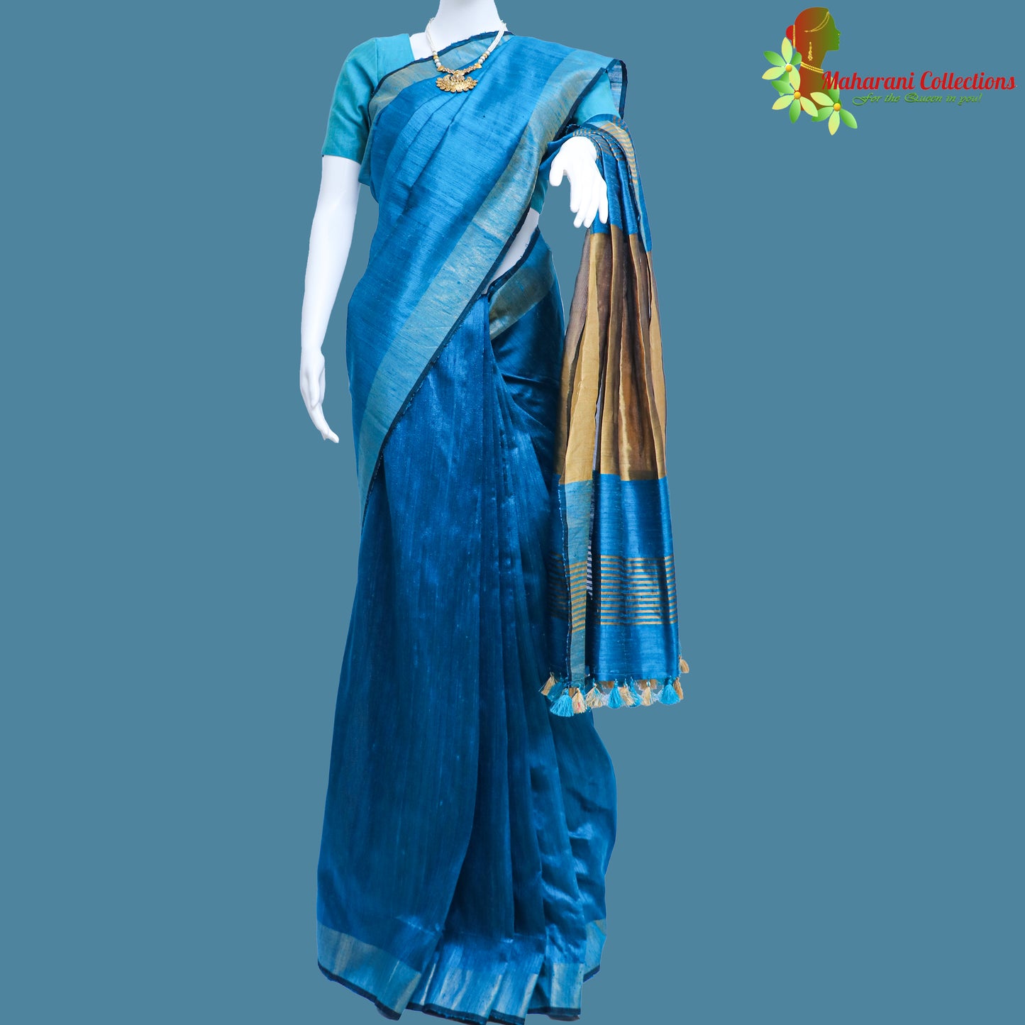 Pure Handloom Tussar Silk Saree - Indigo Blue with Golden Zari Work