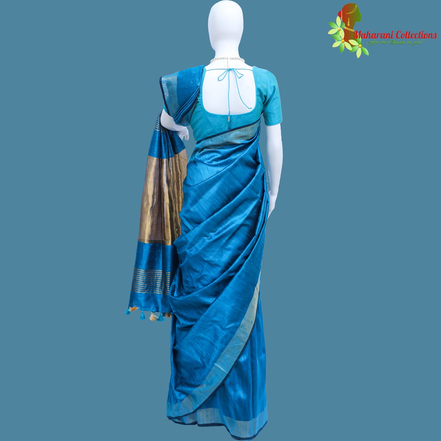 Pure Handloom Tussar Silk Saree - Indigo Blue with Golden Zari Work