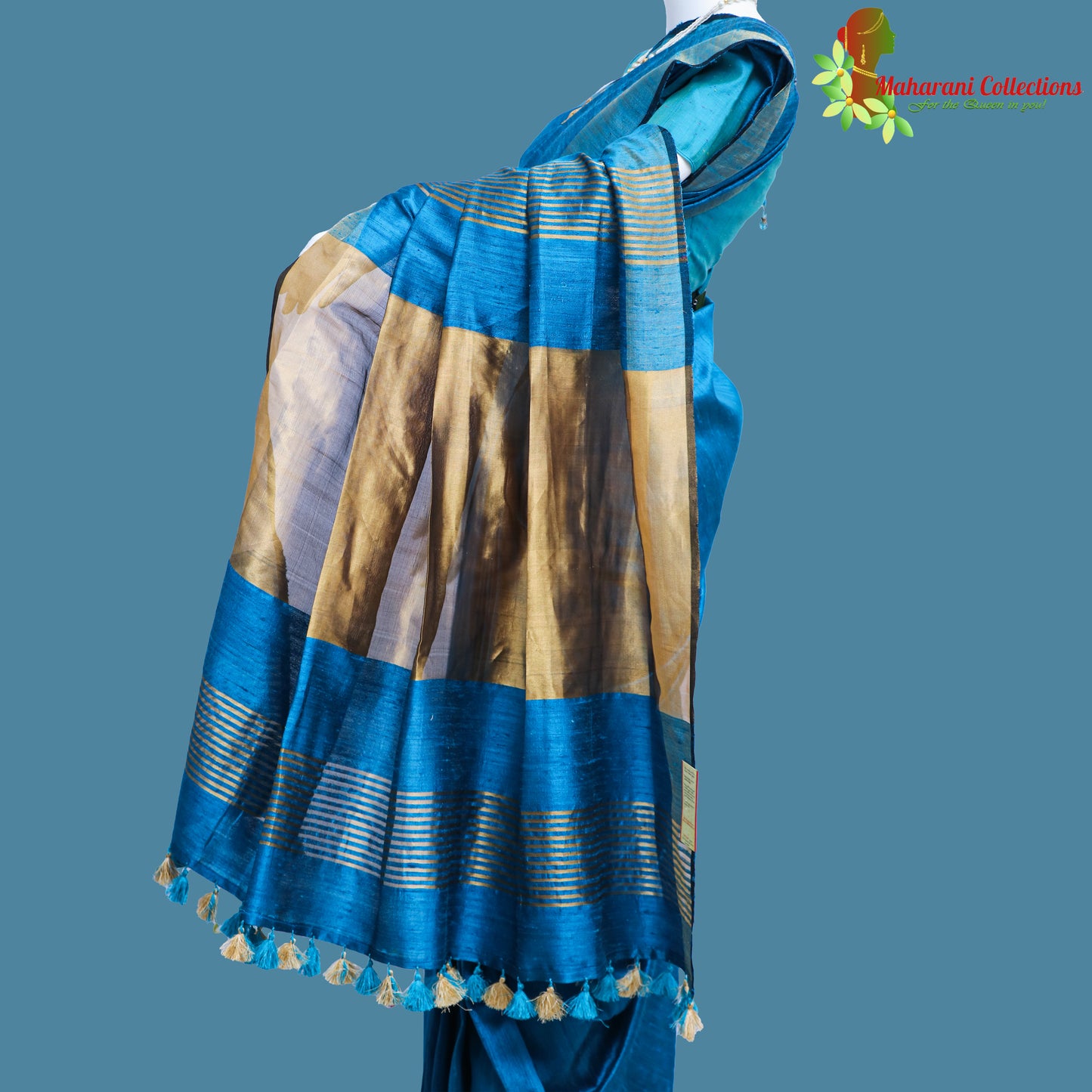 Pure Handloom Tussar Silk Saree - Indigo Blue with Golden Zari Work