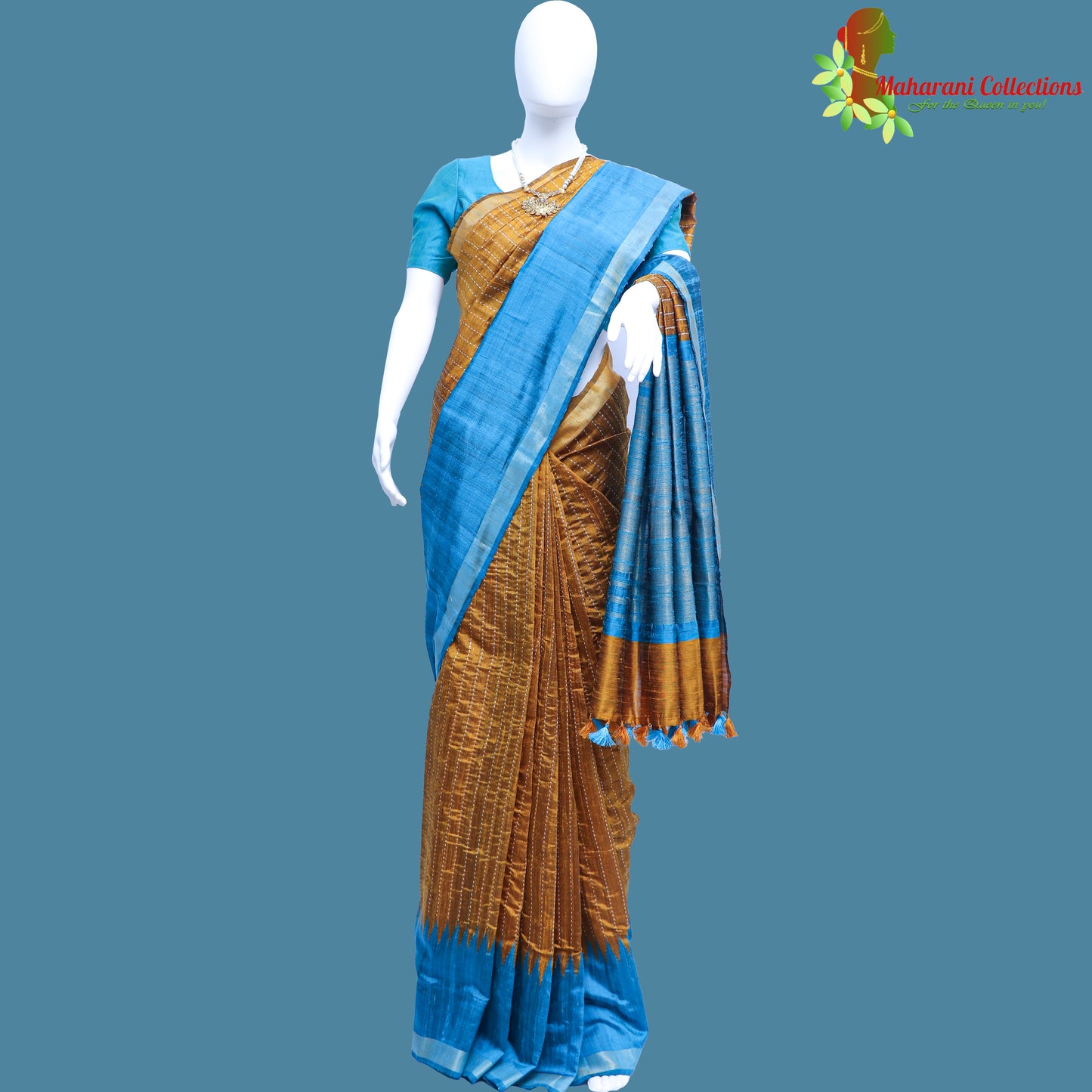 Pure Handloom Tussar Silk Saree - Blue and Gold with Golden Zari Work