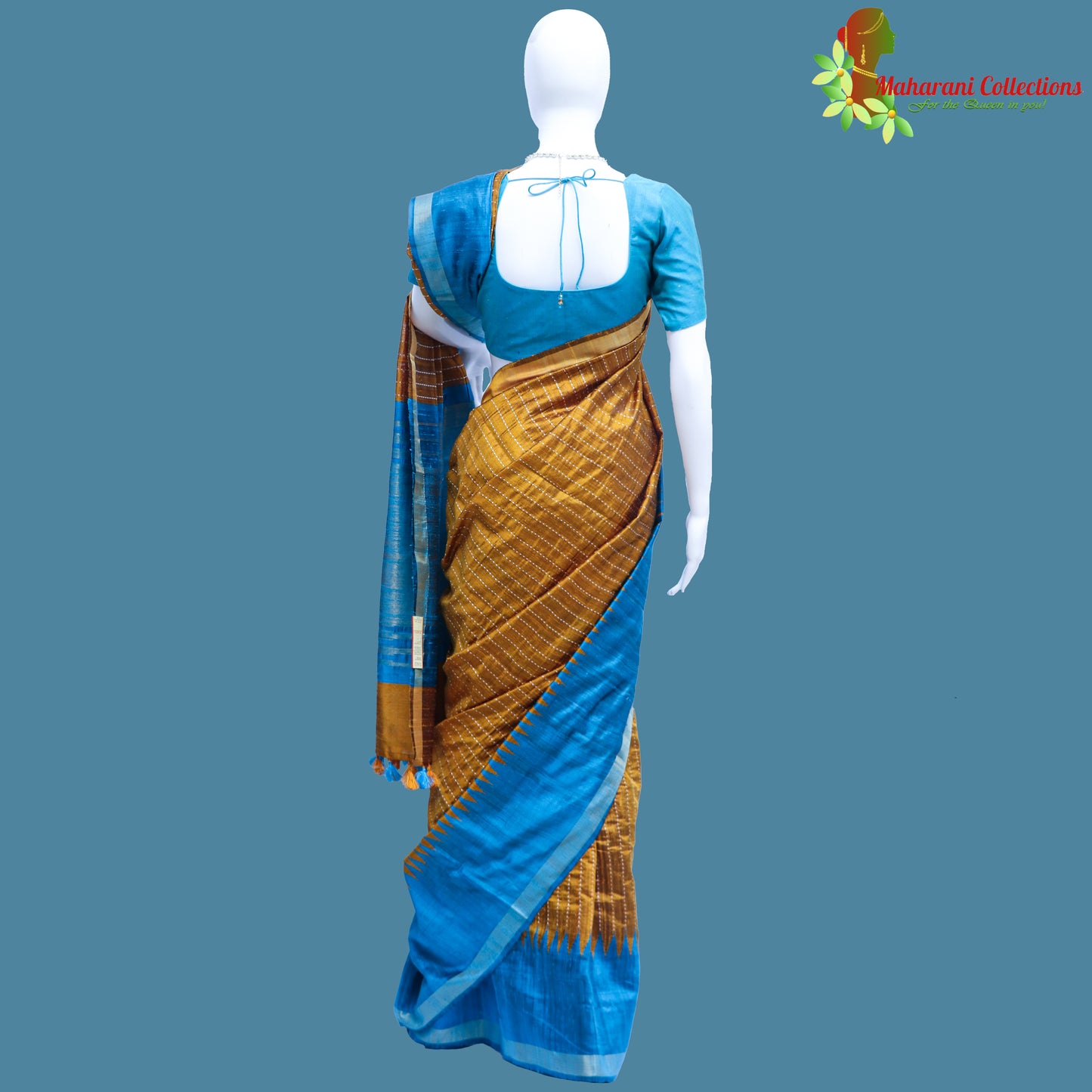 Pure Handloom Tussar Silk Saree - Blue and Gold with Golden Zari Work