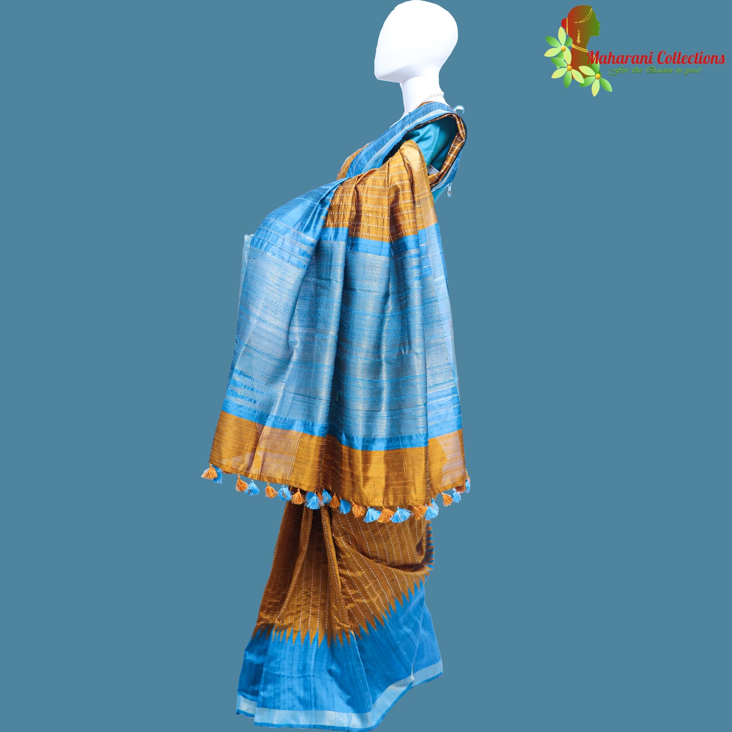 Pure Handloom Tussar Silk Saree - Blue and Gold with Golden Zari Work
