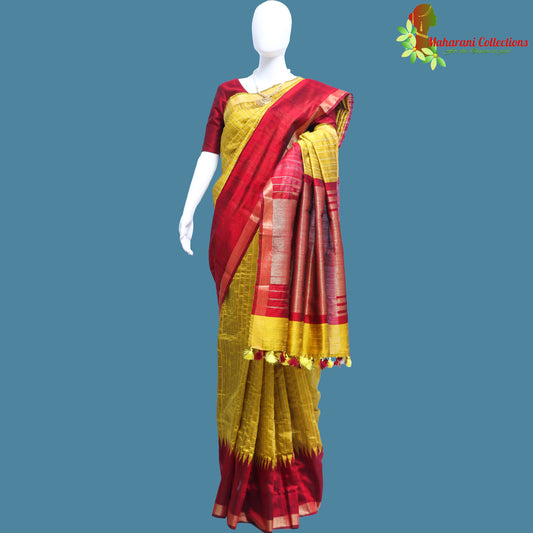 Pure Handloom Tussar Silk Saree - Yellow with Maroon Temple Border