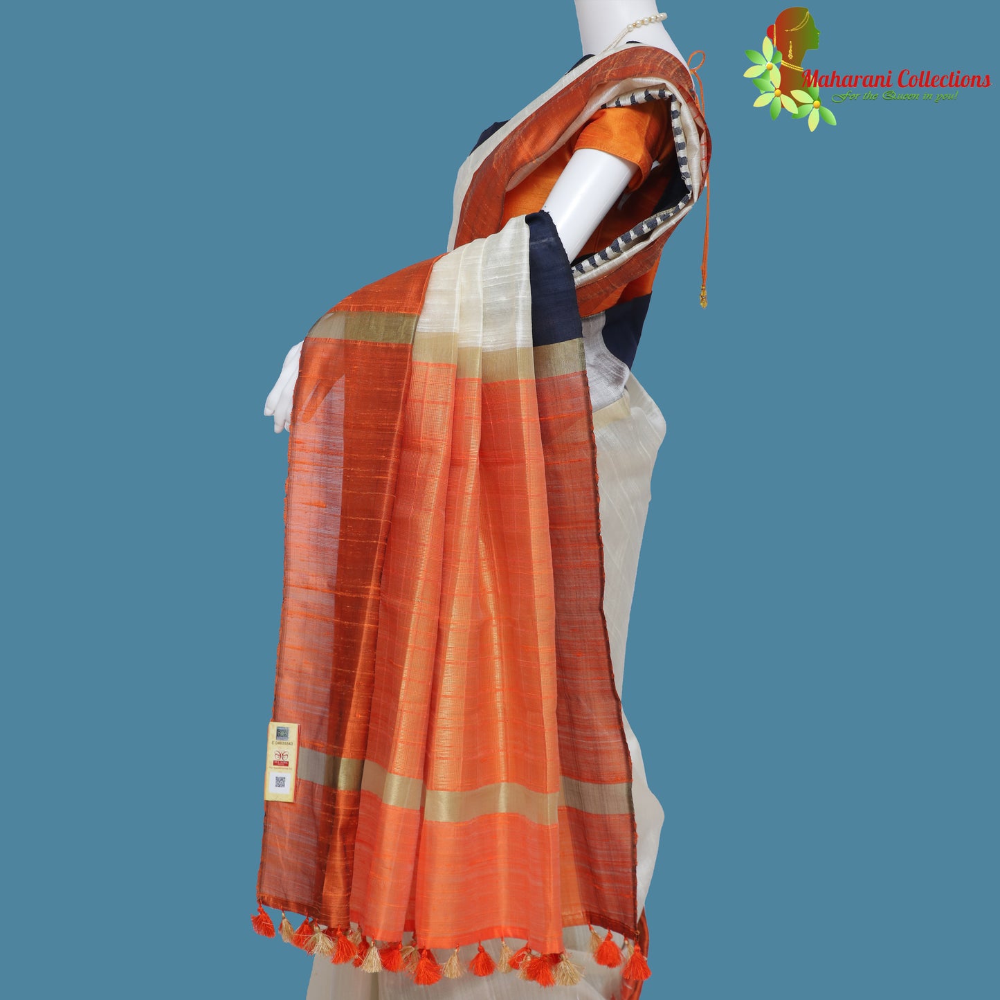 Pure Handloom Tussar Silk Saree - White with Orange Temple Border
