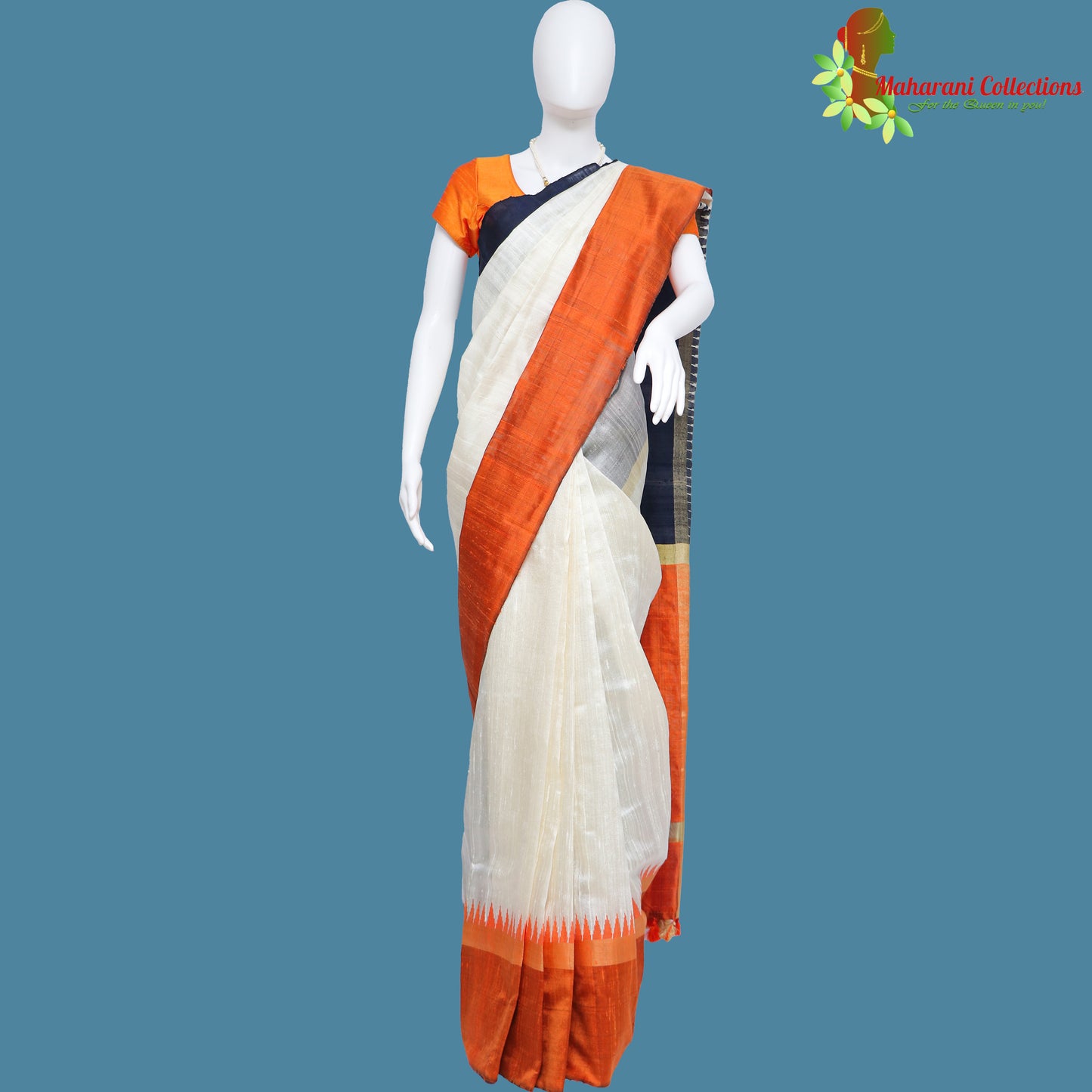 Pure Handloom Tussar Silk Saree - White with Orange Temple Border