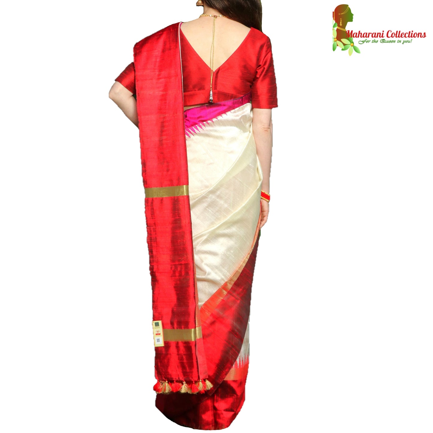 Pure Handloom Tussar Silk Saree - White and Red with Golden Zari and Temple Border