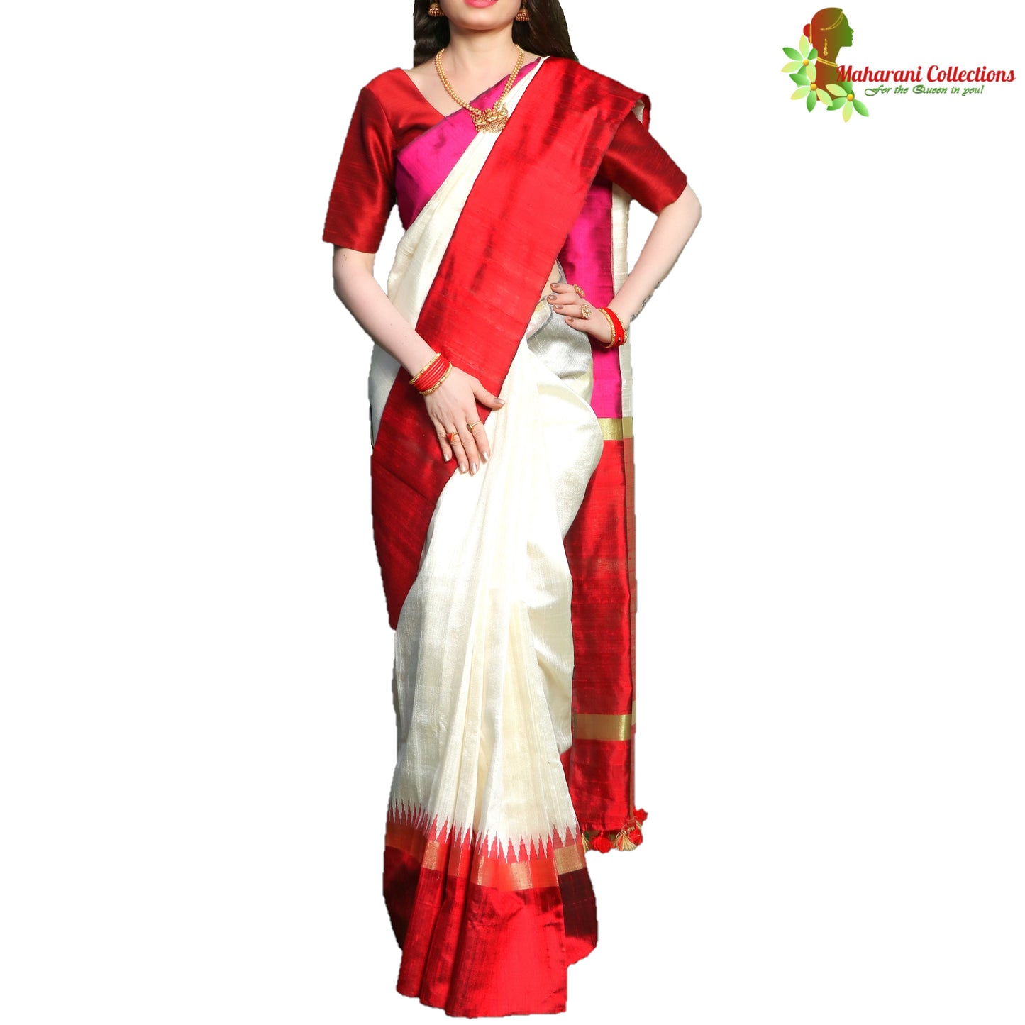 Pure Handloom Tussar Silk Saree - White and Red with Golden Zari and Temple Border