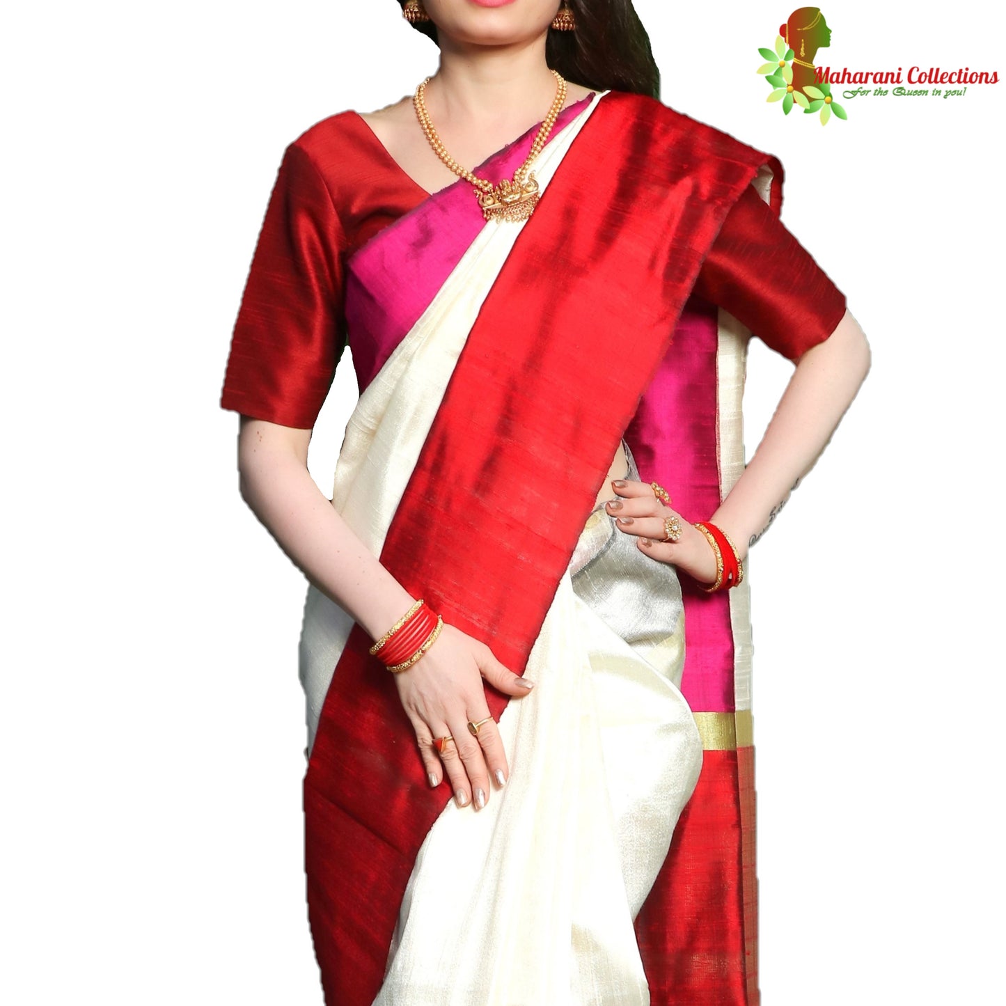 Pure Handloom Tussar Silk Saree - White and Red with Golden Zari and Temple Border