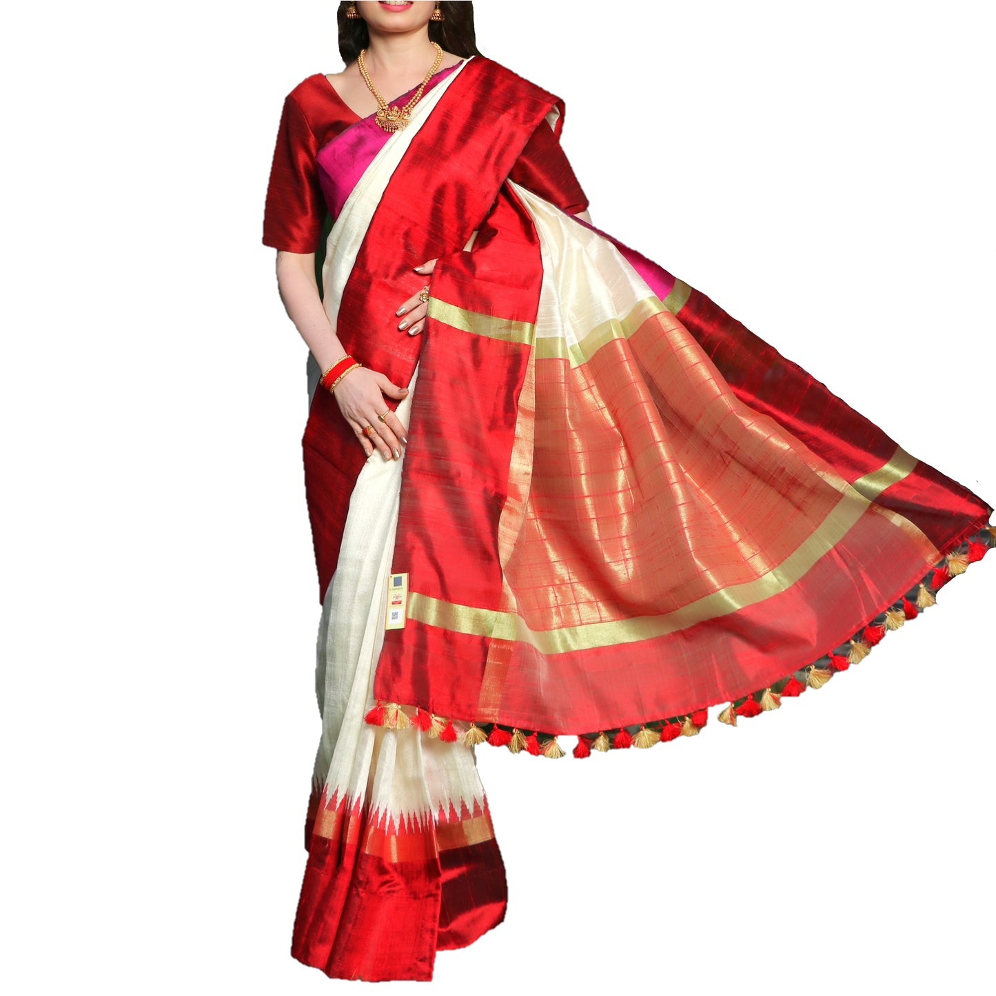 Pure Handloom Tussar Silk Saree - White and Red with Golden Zari and Temple Border