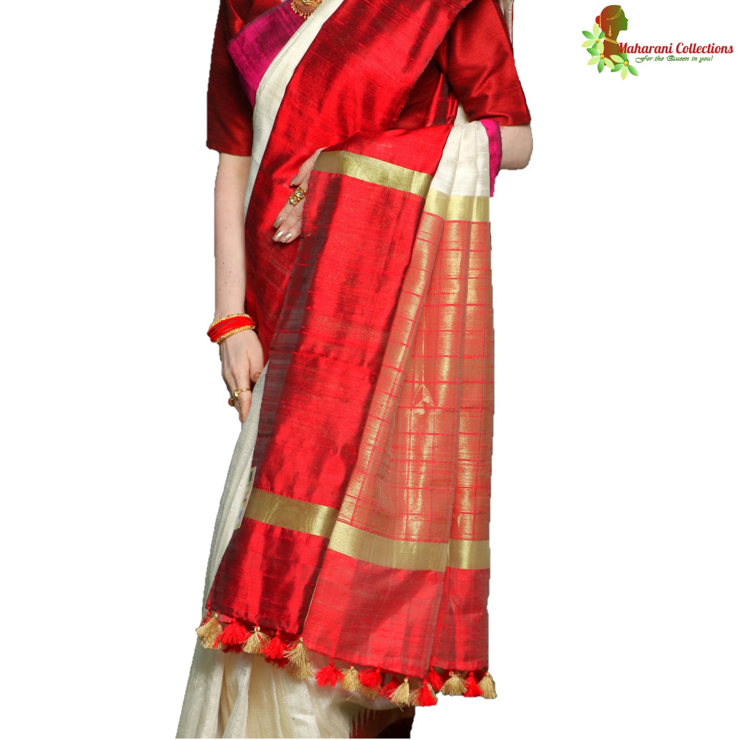 Pure Handloom Tussar Silk Saree - White and Red with Golden Zari and Temple Border