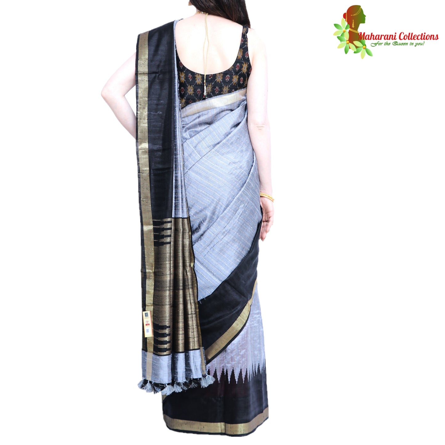 Pure Handloom Tussar Silk Saree - Slate Blue and Black with Golden Zari