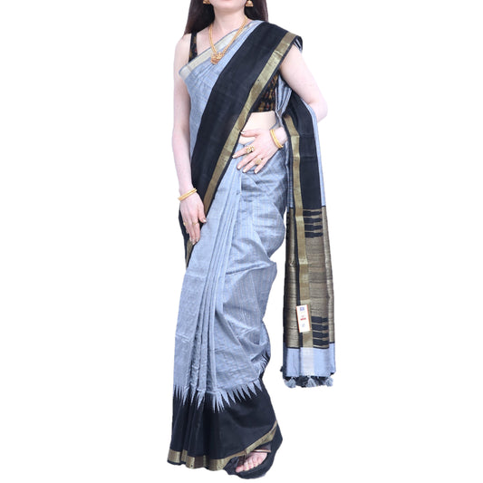 Pure Handloom Tussar Silk Saree - Slate Blue and Black with Golden Zari