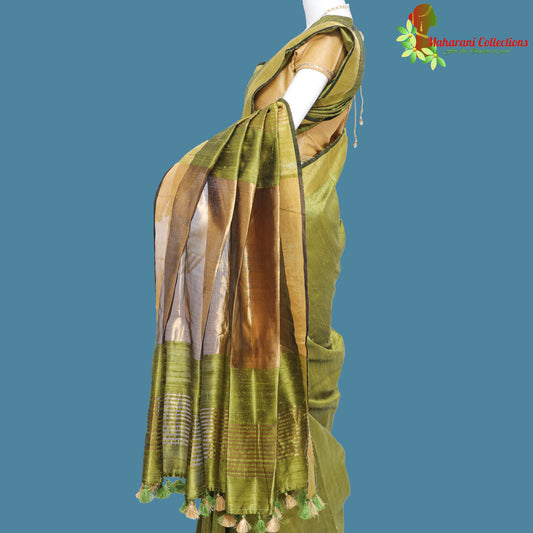 Pure Handloom Tussar Silk Saree - Olive Green with Golden Zari