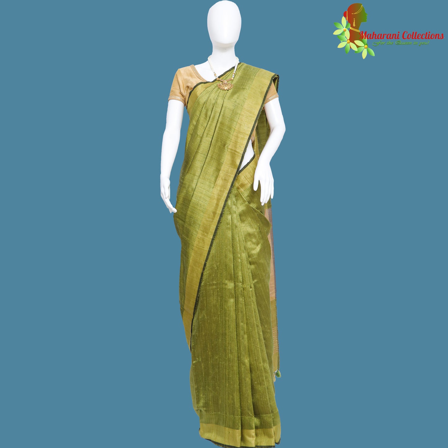 Pure Handloom Tussar Silk Saree - Olive Green with Golden Zari