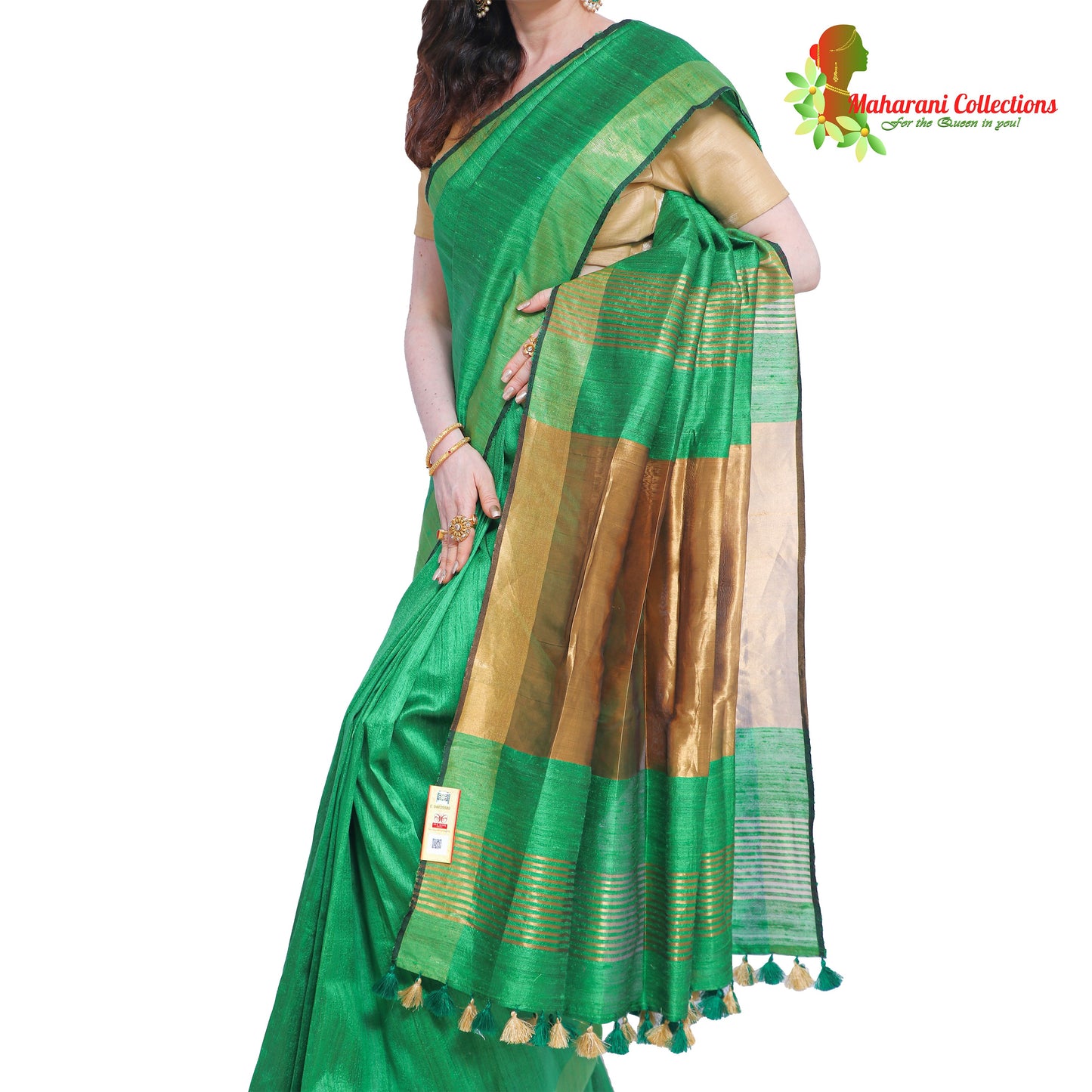 Pure Handloom Tussar Silk Saree - Green with Golden Zari