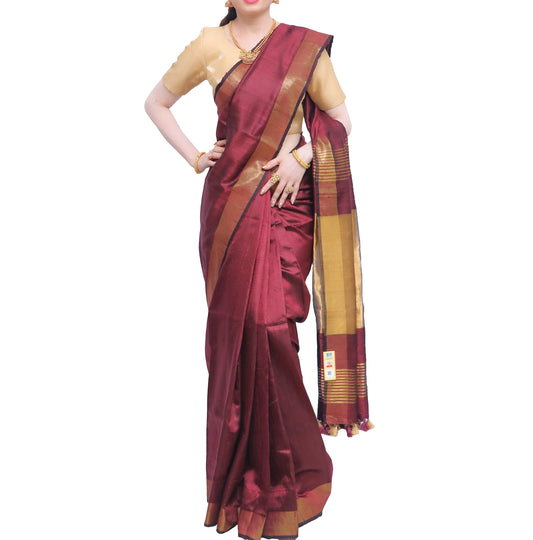 Pure Handloom Tussar Silk Saree - Maroon with Golden Zari