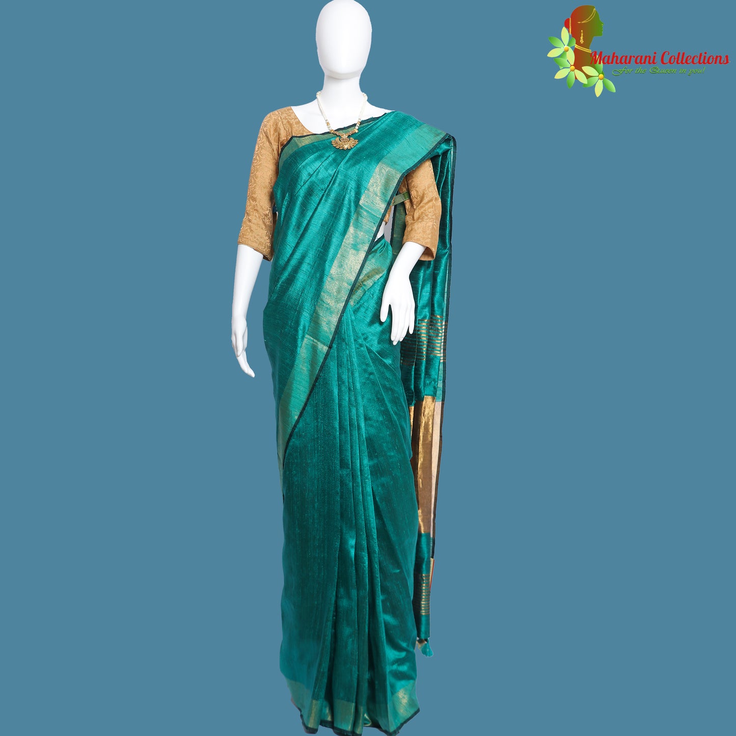 Pure Handloom Tussar Silk Saree - Sea Green with Golden Zari