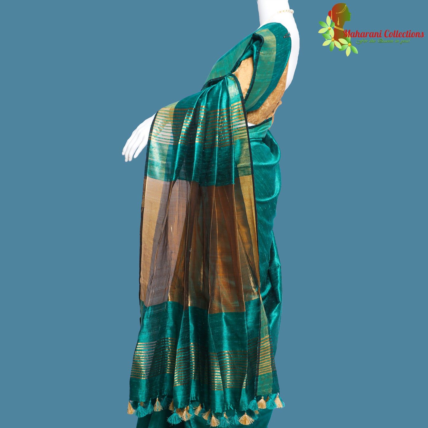 Pure Handloom Tussar Silk Saree - Sea Green with Golden Zari