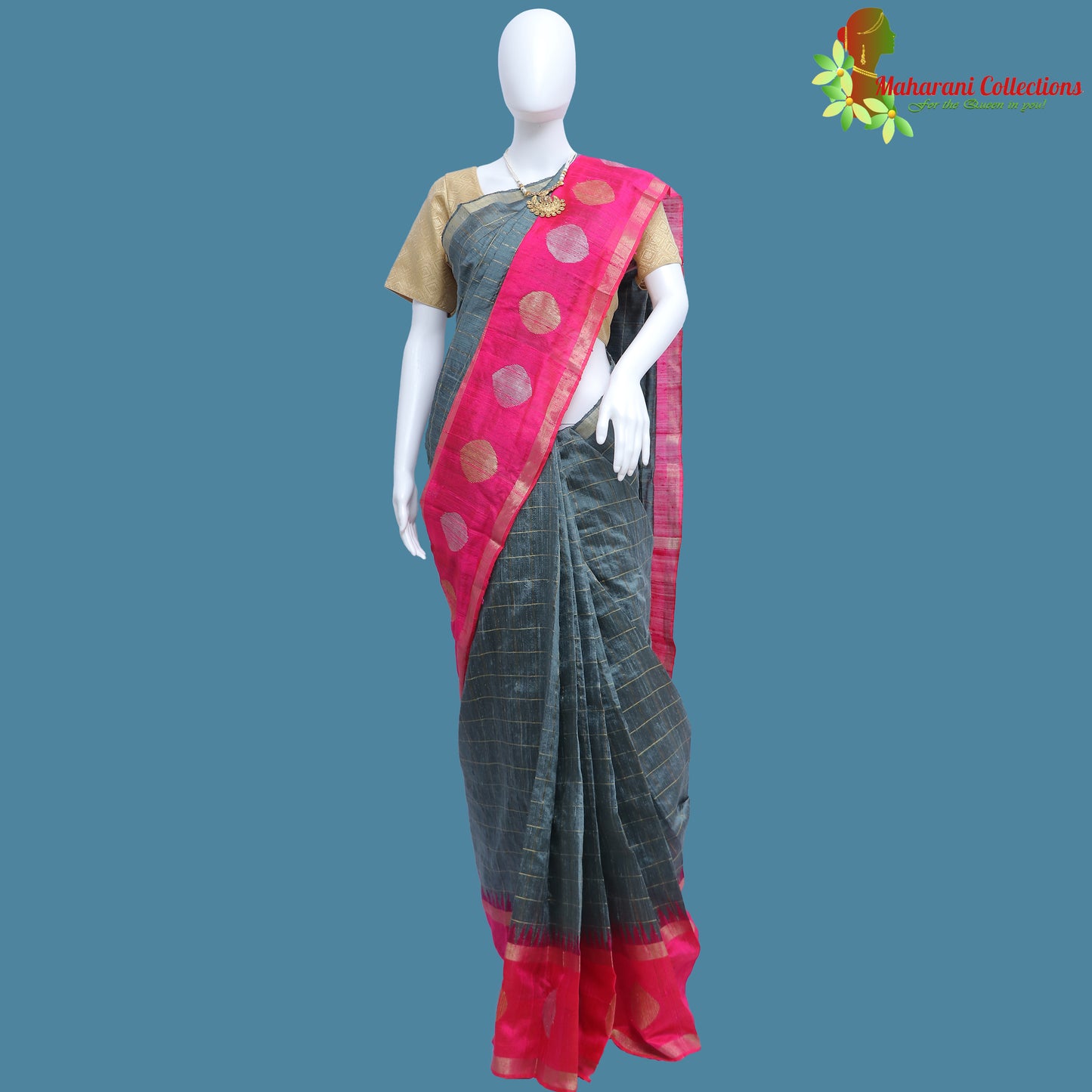 Pure Handloom Tussar Silk Saree - Slate Grey with Golden Zari