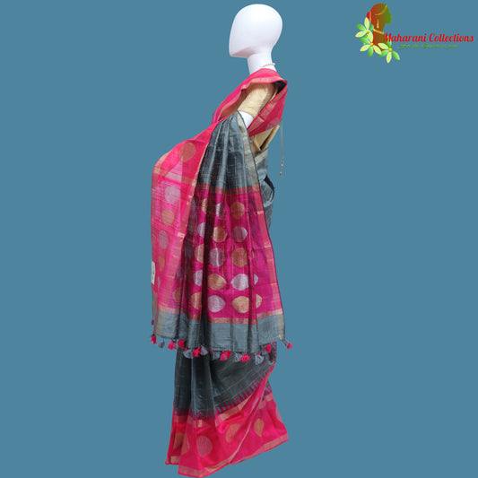 Pure Handloom Tussar Silk Saree - Slate Grey with Golden Zari