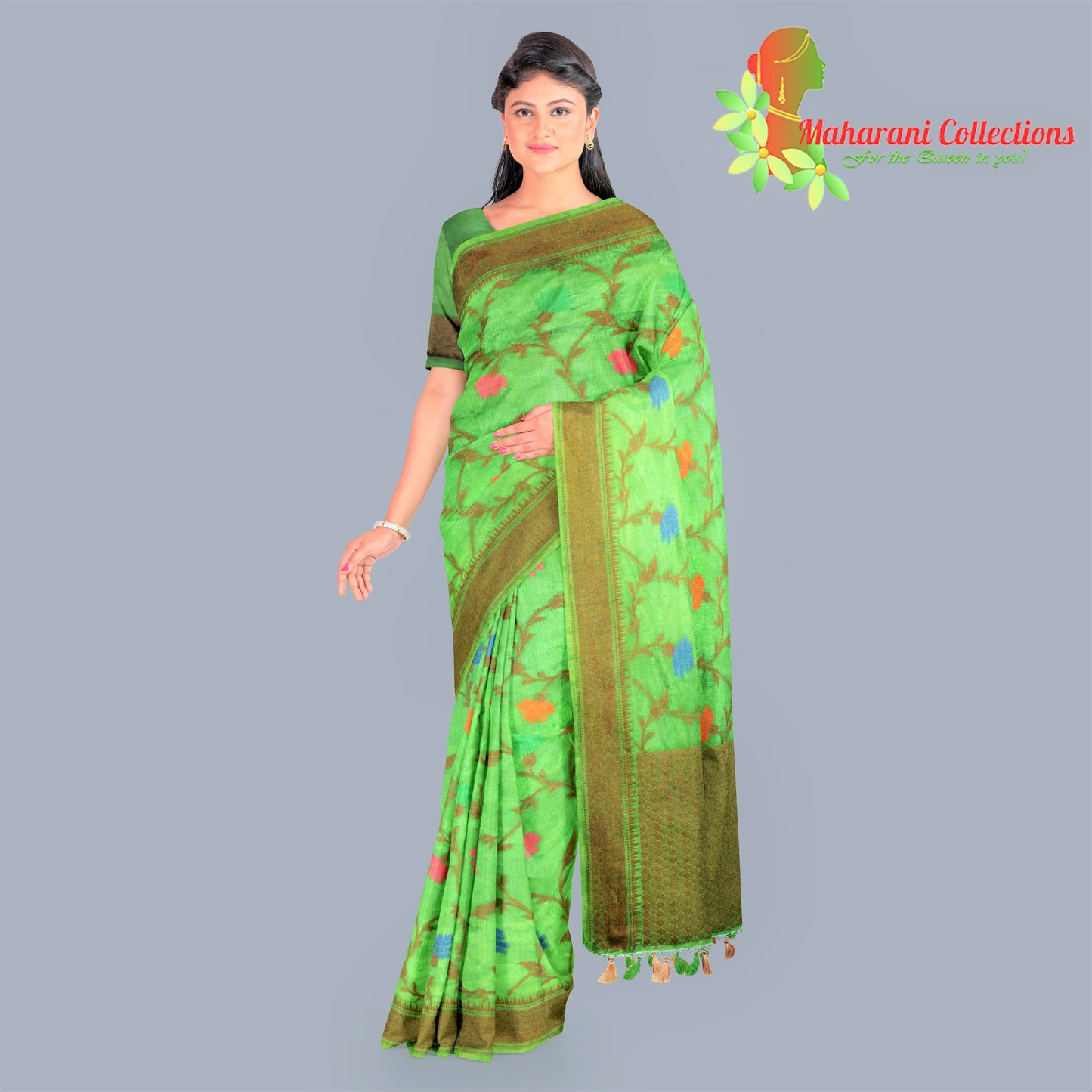Pure Handloom Tussar Silk Saree - Green (with Stitched Blouse and Petticoat)