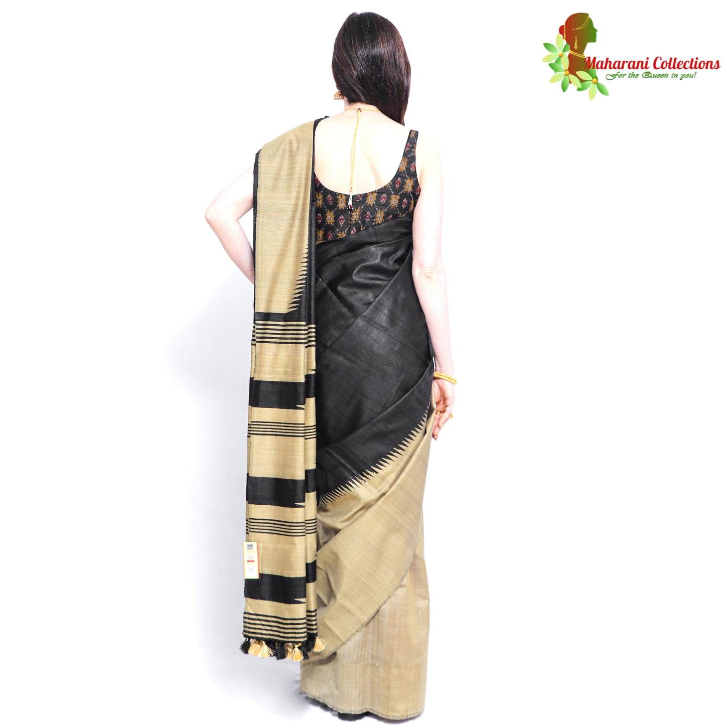 Pure Handloom Tussar Silk Saree - Beige and Black with Temple Pattern