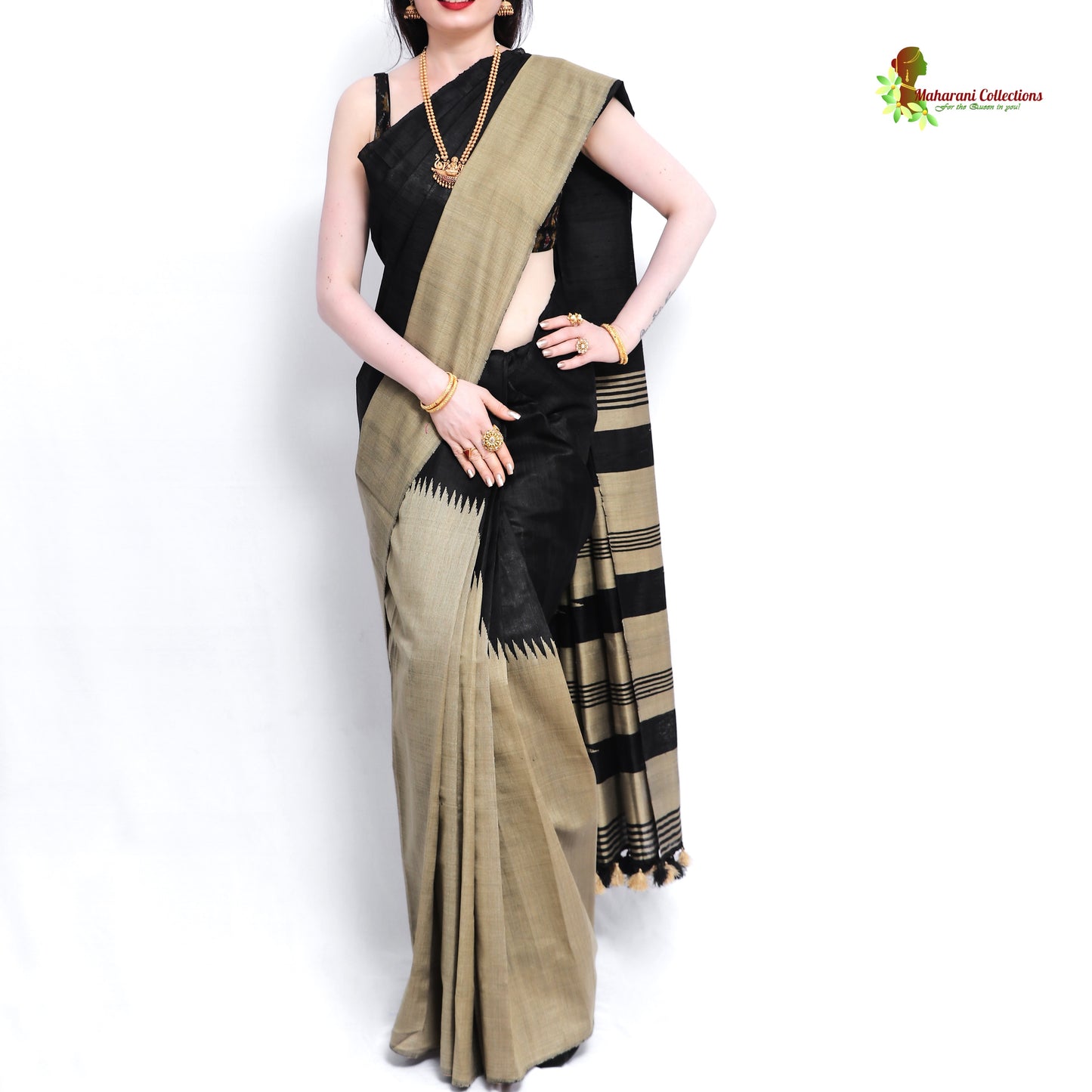 Pure Handloom Tussar Silk Saree - Beige and Black with Temple Pattern