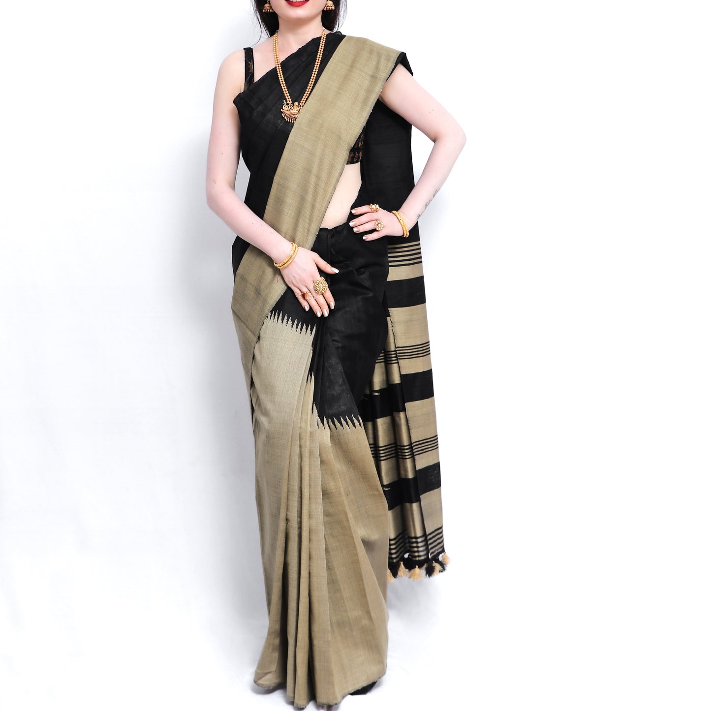 Pure Handloom Tussar Silk Saree - Beige and Black with Temple Pattern