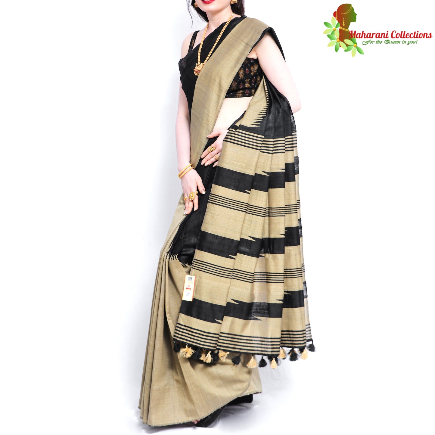 Pure Handloom Tussar Silk Saree - Beige and Black with Temple Pattern