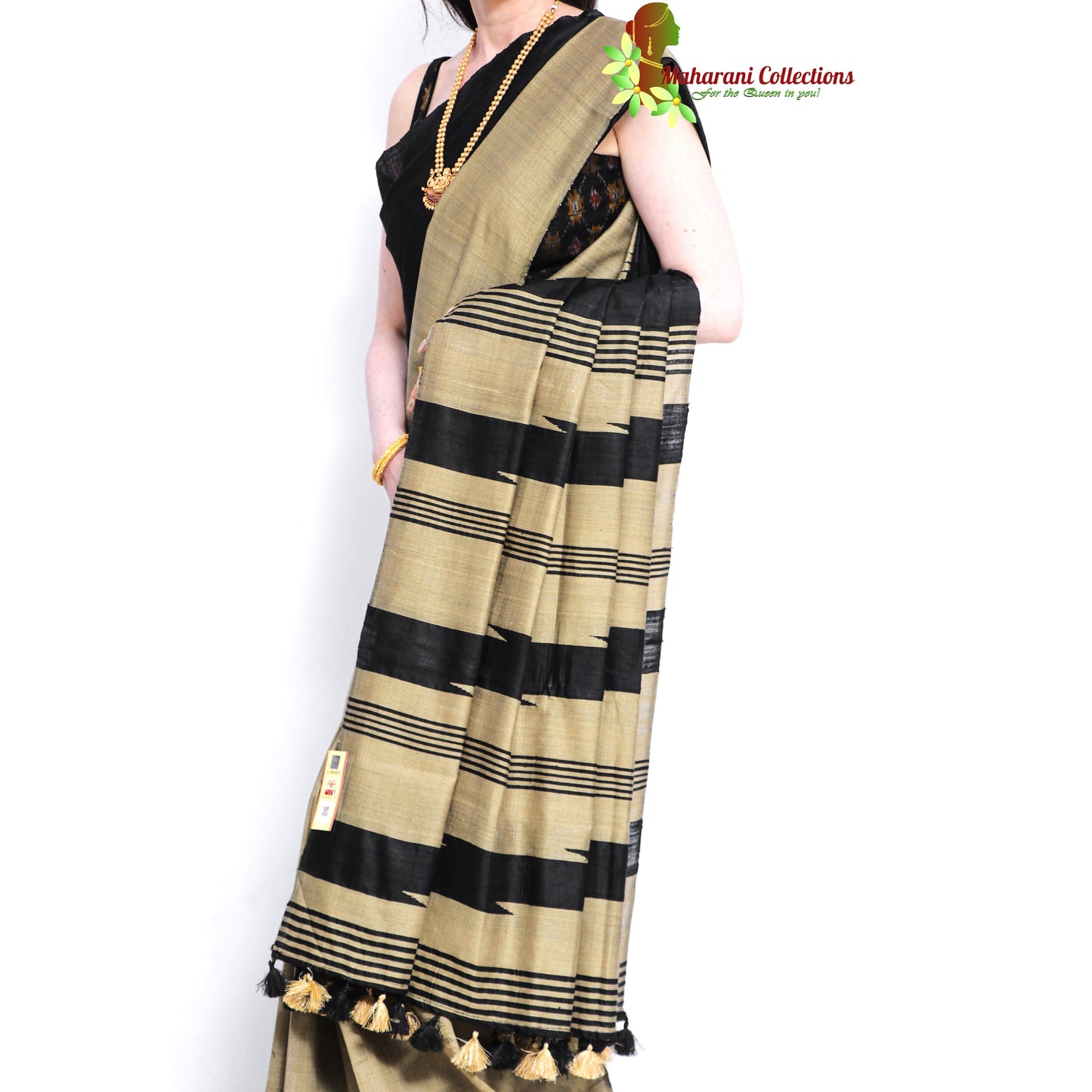 Pure Handloom Tussar Silk Saree - Beige and Black with Temple Pattern