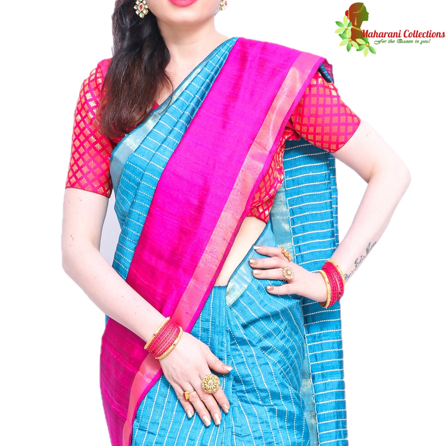 Pure Handloom Tussar Silk Saree (Silk Mark) - Striped Blue and Pink with Golden Zari Work and Temple Border