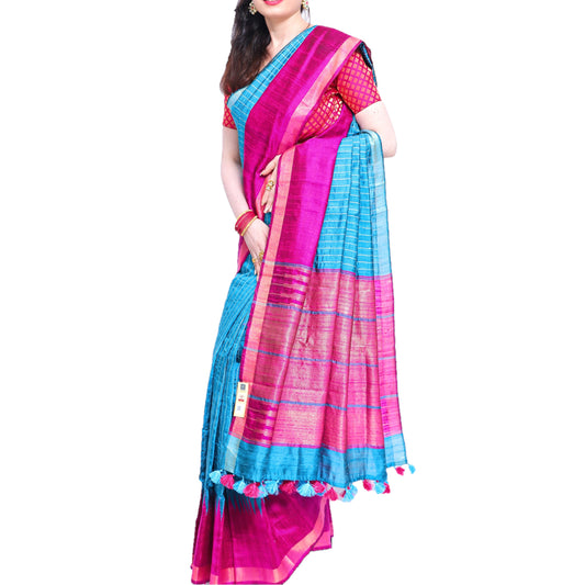 Pure Handloom Tussar Silk Saree (Silk Mark) - Striped Blue and Pink with Golden Zari Work and Temple Border