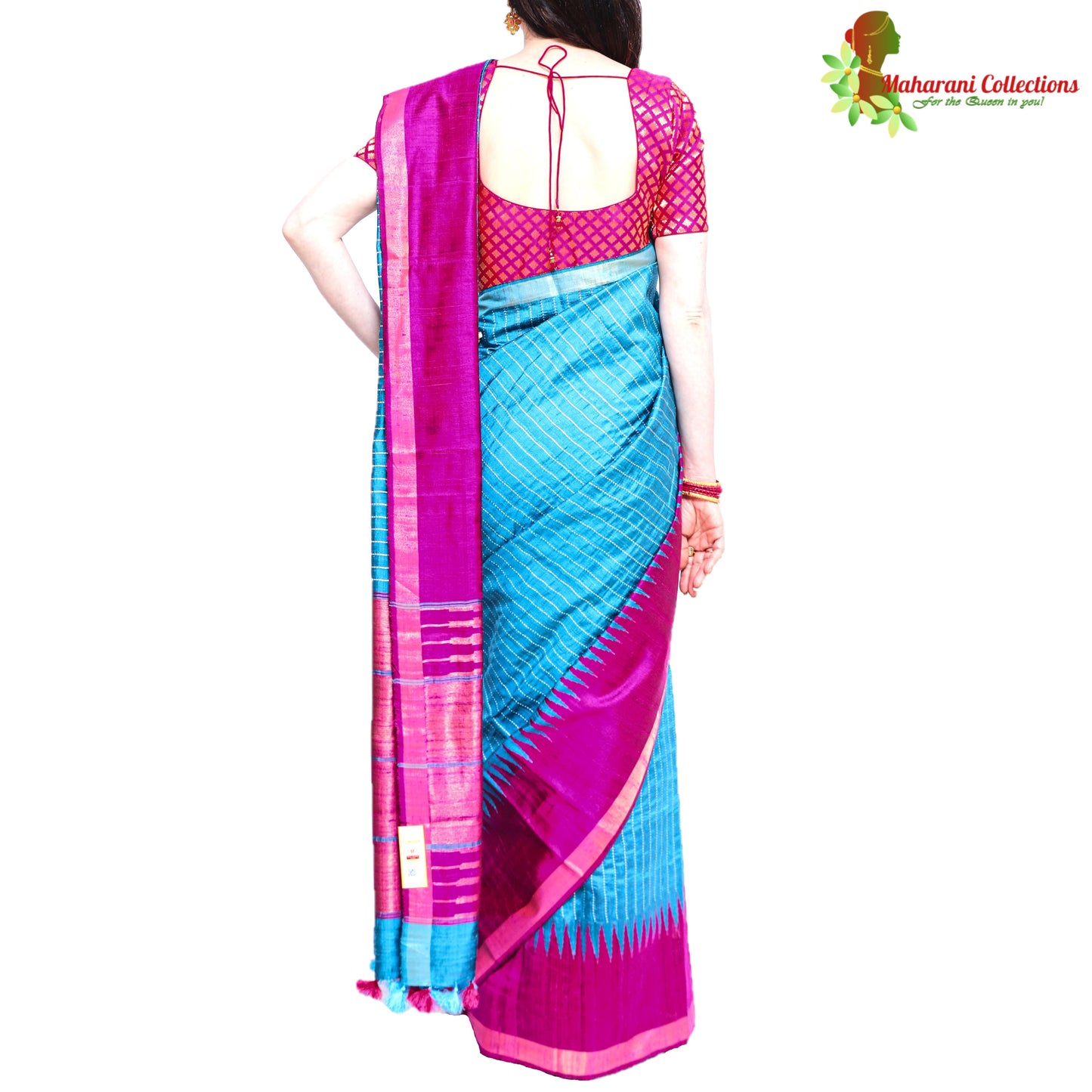 Pure Handloom Tussar Silk Saree (Silk Mark) - Striped Blue and Pink with Golden Zari Work and Temple Border