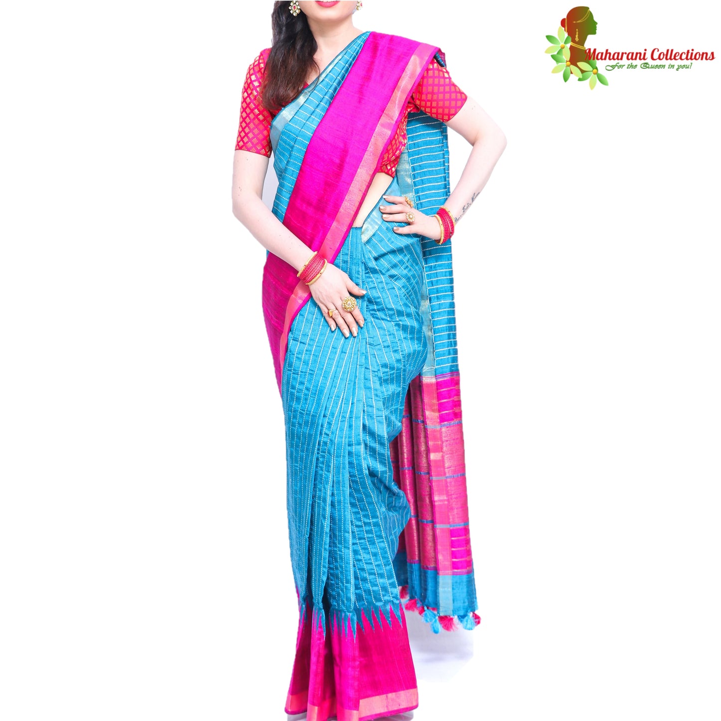 Pure Handloom Tussar Silk Saree (Silk Mark) - Striped Blue and Pink with Golden Zari Work and Temple Border
