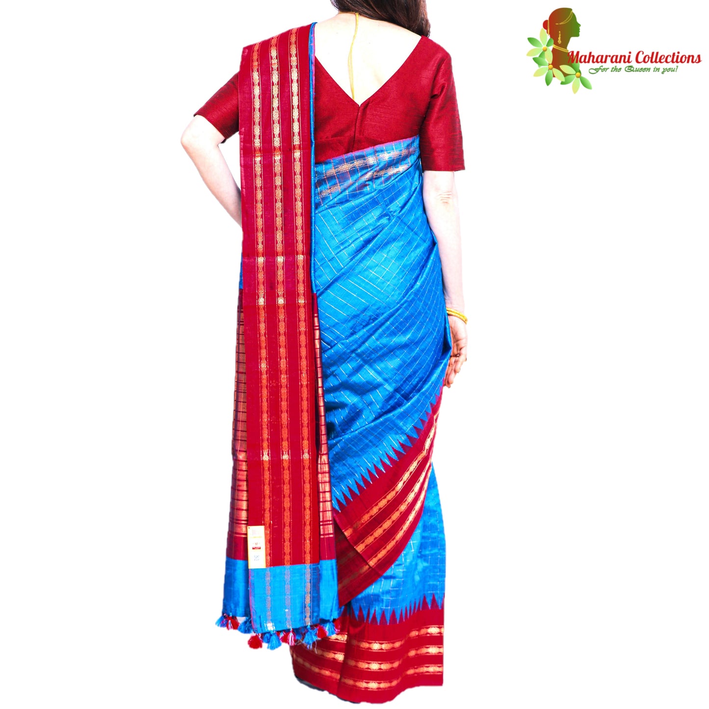 Pure Handloom Tussar Silk Saree - Striped Red and Blue with Golden Zari Work and Temple Border