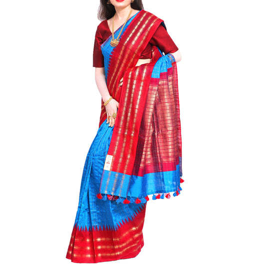 Pure Handloom Tussar Silk Saree - Striped Red and Blue with Golden Zari Work and Temple Border