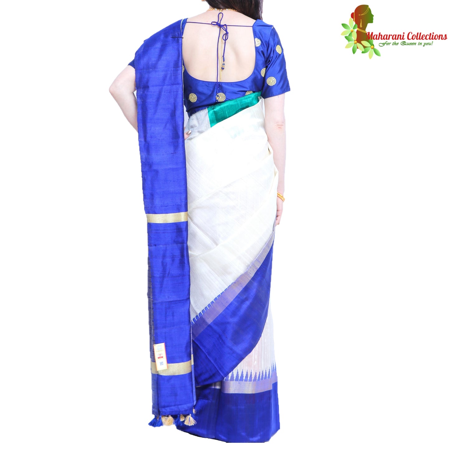 Pure Handloom Tussar Silk Saree - White, Green and Blue with Golden Zari and Temple Border