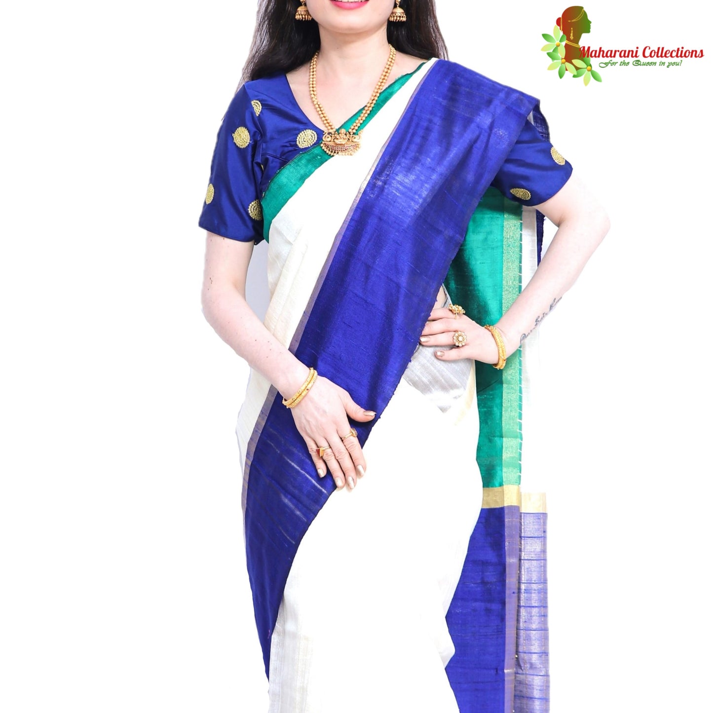 Pure Handloom Tussar Silk Saree - White, Green and Blue with Golden Zari and Temple Border