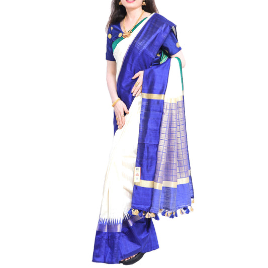 Pure Handloom Tussar Silk Saree - White, Green and Blue with Golden Zari and Temple Border