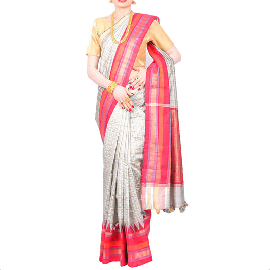 Pure Handloom Tussar Silk Saree - Striped Silver Grey with Pink Temple Border