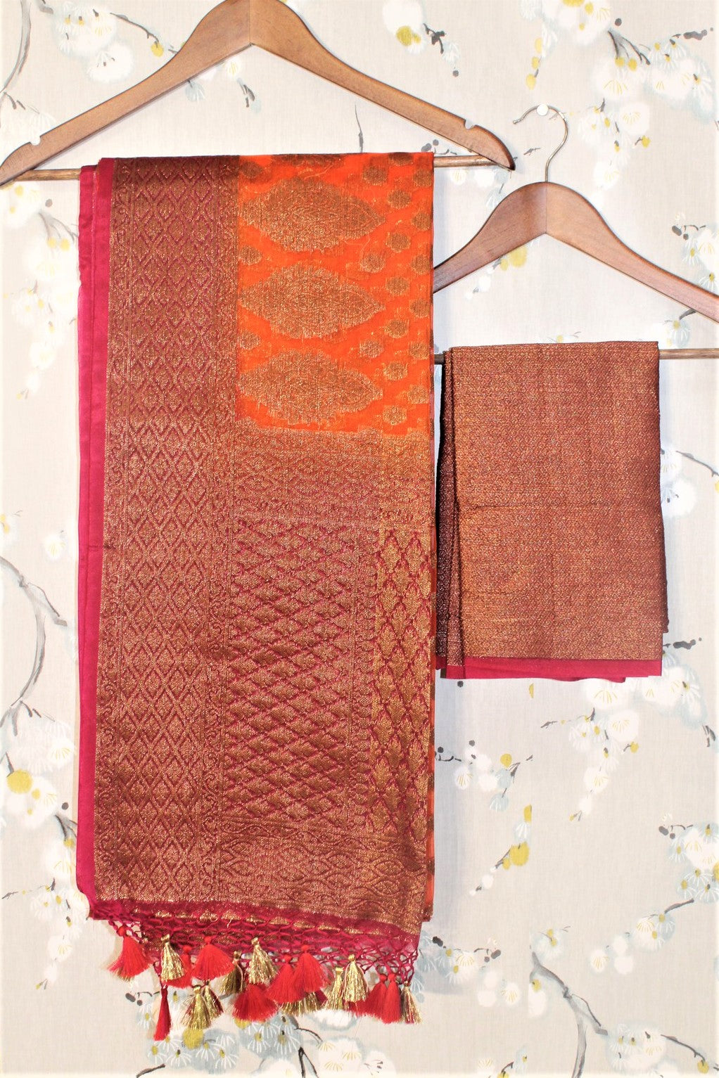 Pure Tussar Silk Saree - Orange with Zari and Buta Work